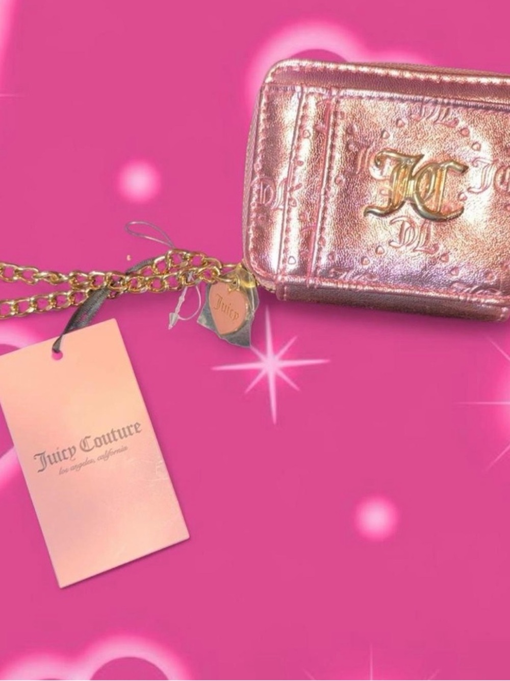 Juicy Couture Metallic Rose Pink Chain Wallet with Gold-Tone Logo
